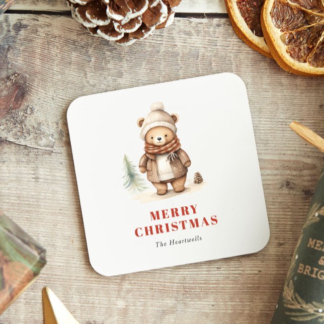 Dessous-de-verre Carré En Papier Aquarelle mignonne Ours Joyeux Noël (Créateur téléchargé)
