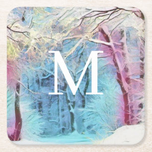 Dessous-de-verre Carré En Papier Aquarelle moderne d'arbres enneigés colorés