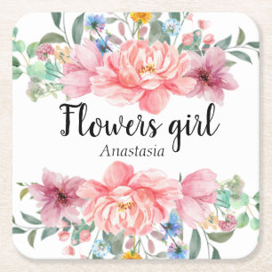 Dessous-de-verre Carré En Papier Aquarelle moderne Fleurs roses
