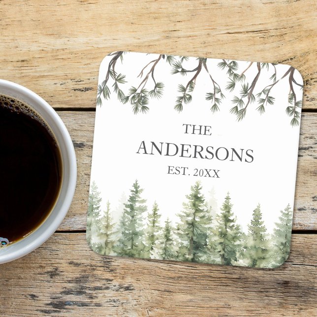 Dessous-de-verre Carré En Papier Aquarelle Monogramme Pins rustiques et branches (In situ)