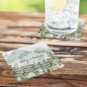 Dessous-de-verre Carré En Papier Aquarelle naturelle de la forêt et de la montagne