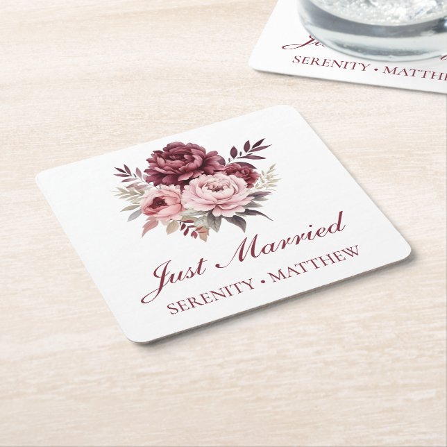 Dessous-de-verre Carré En Papier Aquarelle Peony Floral Juste Marié Mariage (Incliné)