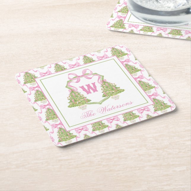 Dessous-de-verre Carré En Papier Aquarelle Pink Nutcracker Monogram Crest (Incliné)