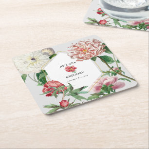 Dessous-de-verre Carré En Papier Aquarelle rose blanc pivoines Mariage