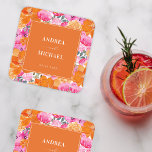 Dessous-de-verre Carré En Papier Aquarelle rose et orange Floral Mariage été<br><div class="desc">Ces élégants dessous de verre en papier,  avec des textes floraux roses et oranges et des textes personnalisés,  apporteraient un grand complément à votre célébration mariage. Ajoutez facilement vos propres détails en cliquant sur l'option "personnaliser".</div>