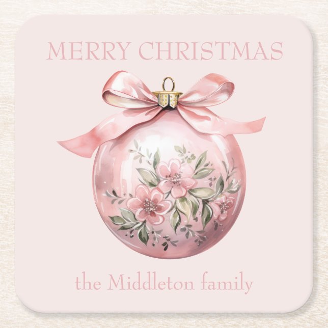 Dessous-de-verre Carré En Papier Aquarelle rose Floral Ornement de Noël (Devant)