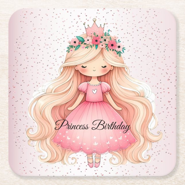 Dessous-de-verre Carré En Papier Aquarelle rose princesse Anniversaire (Devant)