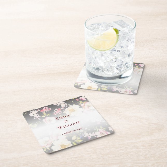 Dessous-de-verre Carré En Papier Aquarelle rose Roses jaunes, noir flou, Mariage (En situation)