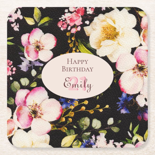 Dessous-de-verre Carré En Papier Aquarelle Roses rose et jaune sur Noir, Anniversai (Devant)