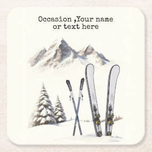 Dessous-de-verre Carré En Papier Aquarelle rustique Ski neige montagne hiver