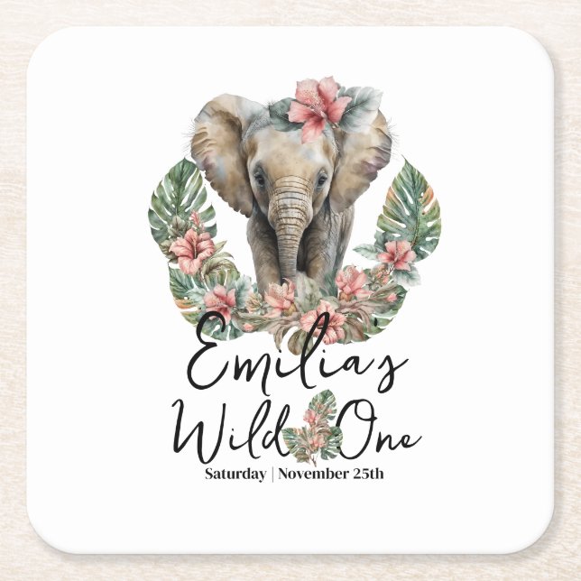 Dessous-de-verre Carré En Papier Aquarelle Safari Wild One Baby Elephant Anniversai (Devant)