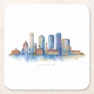 Dessous-de-verre Carré En Papier Aquarelle Skyline de Boston City MA Boston moder