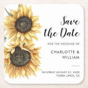 Dessous-de-verre Carré En Papier Aquarelle Sunflower Script Wedding Enregistrer la 