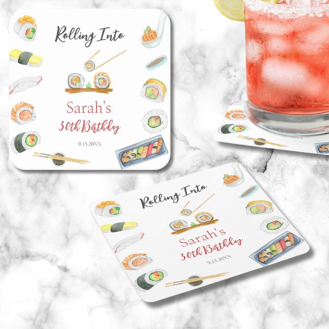 Dessous-de-verre Carré En Papier Aquarelle Sushi et Sashimi Tout âge Anniversaire (Créateur téléchargé)