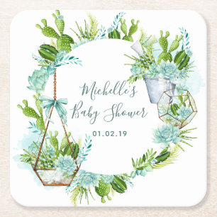 Dessous-de-verre Carré En Papier Aquarelle Terrarium en verre Baby shower de succul