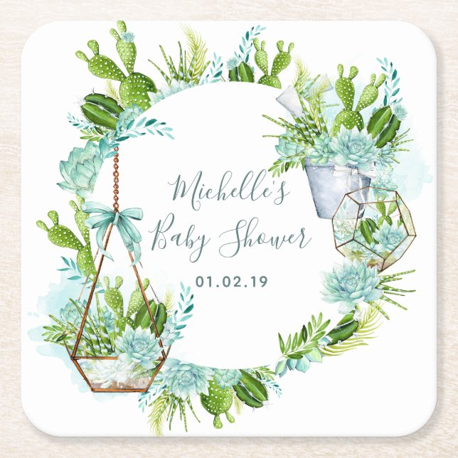 Dessous-de-verre Carré En Papier Aquarelle Terrarium en verre Baby shower de succul (Devant)