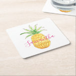 Dessous-de-verre Carré En Papier Aquarelle tropicale ananas Nom Monogramme<br><div class="desc">Ces dessous de verre lumineux et gais sont décorés d'un ananas jaune aquarelle et d'un nom en rose. 
Vous pouvez les customiser en changeant le nom ou en faisant un monogramme.
Aquarelle originale © Michele Davies.</div>