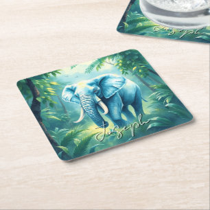 Dessous-de-verre Carré En Papier Aquarelle Vert Feuilles Jungle Nom de l'éléphant