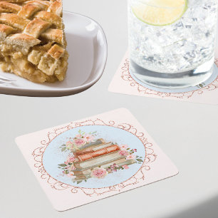 Dessous-de-verre Carré En Papier Aquarelle Vintage rose roses et livres Floral