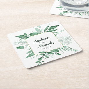 Dessous-de-verre Carré En Papier Aquarelle Wild Feuilles Hunter Mariage vert
