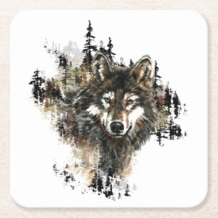 Dessous-de-verre Carré En Papier Aquarelle Wolf Mountain Wilderness Animal Art
