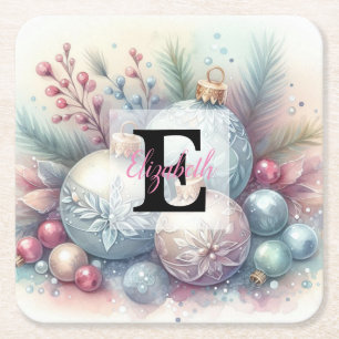 Dessous-de-verre Carré En Papier Arbre de Noël à monogramme ornement à aquarelle