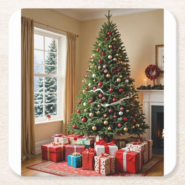 Dessous-de-verre Carré En Papier Arbre de Noël & cadeaux dessous de verre (Devant)