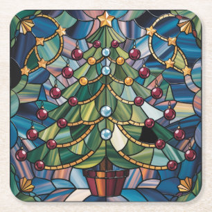 Dessous-de-verre Carré En Papier Arbre de Noël en verre coloré de style Tiffany