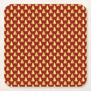 Dessous-de-verre Carré En Papier Arbre de Noël Or Motif sans couture sur Rouge