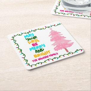 Dessous-de-verre Carré En Papier Arbre de Noël Rose Fête Coloré Joyeux Lumineux