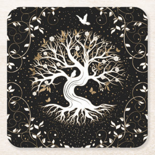 Dessous-de-verre Carré En Papier Arbre de vie - Yggdrasil - noir blanc et or