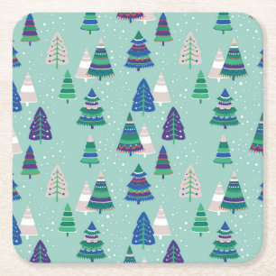 Dessous-de-verre Carré En Papier Arbres de Noël, arrière - plan bleu