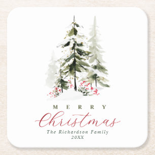 Dessous-de-verre Carré En Papier Arbres de pin aquarelle rustique Noël personnalisé