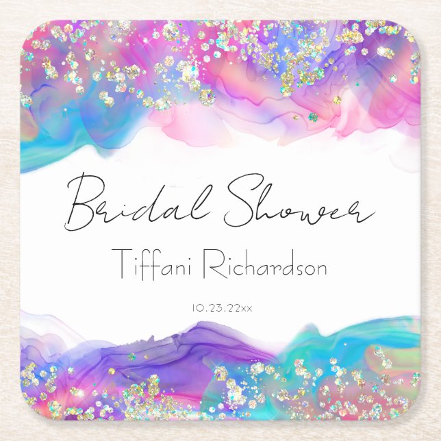 Dessous-de-verre Carré En Papier Arc-en-ciel encre alcoolique moderne paillettes do (Devant)