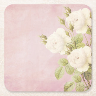 Dessous-de-verre Carré En Papier Arrière - plan rose avec les roses blanches