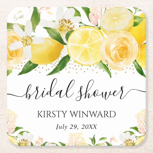 Dessous-de-verre Carré En Papier Arrosoir de mariage aquarelle Citrons et Fleurs (Devant)