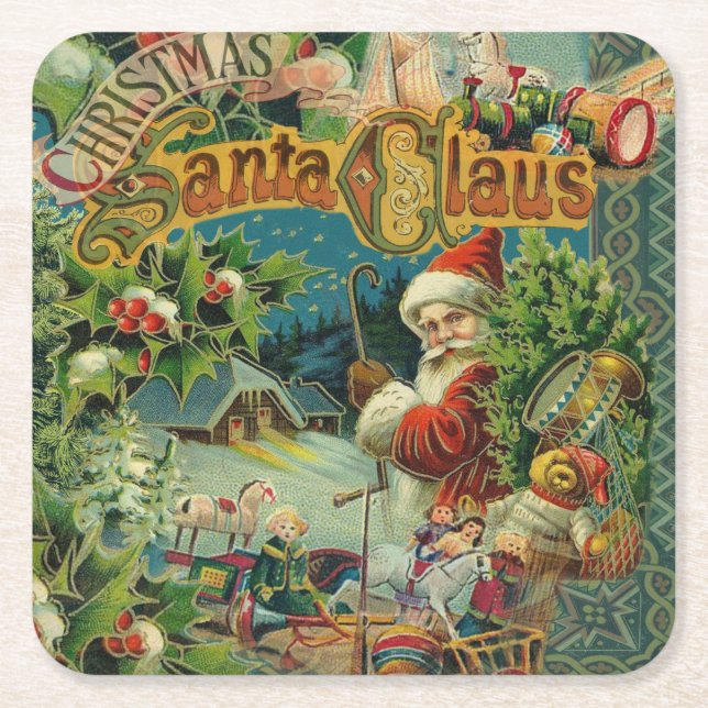 Dessous-de-verre Carré En Papier Art antique du Père Noël (Devant)