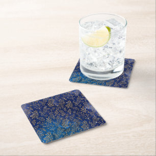 Dessous-de-verre Carré En Papier Art aquarelle bleue branche aux feuilles dorées br