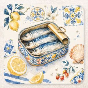 Dessous-de-verre Carré En Papier Art d'aquarelle de sardine sicilienne