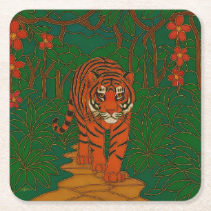 Dessous-de-verre Carré En Papier Art de cloisonné Tigre sur le chemin de la jungle