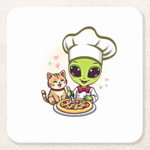 Dessous-de-verre Carré En Papier Art de dessin animé de chat et de chef pizza extra