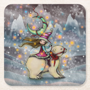Dessous-de-verre Carré En Papier Art de Noël d'elfe chevauchant un ours polaire
