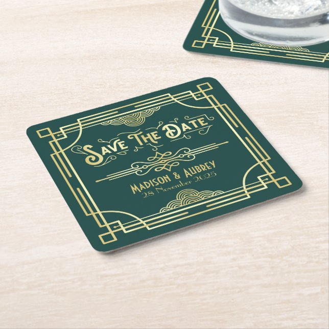 Dessous-de-verre Carré En Papier Art Déco Mariage Elegant Gold Green Enregistrer la (Incliné)