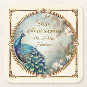 Dessous-de-verre Carré En Papier Art Déco Peacock Flower Elégant 50e anniversaire
