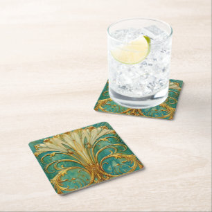 Dessous-de-verre Carré En Papier Art Déco Rétro Or Turquoise Fleur de Trompette