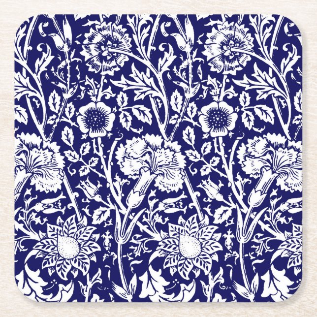 Dessous-de-verre Carré En Papier Art Nouveau Carnation Damask, Navy et Blanc (Devant)