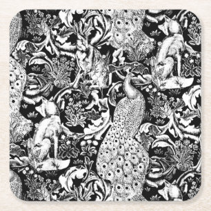 Dessous-de-verre Carré En Papier Art Nouveau Peacock Print, noir et blanc