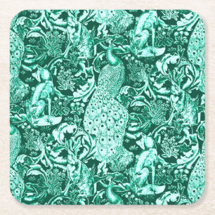 Dessous-de-verre Carré En Papier Art Nouveau Peacock Print, Turquoise et Aqua