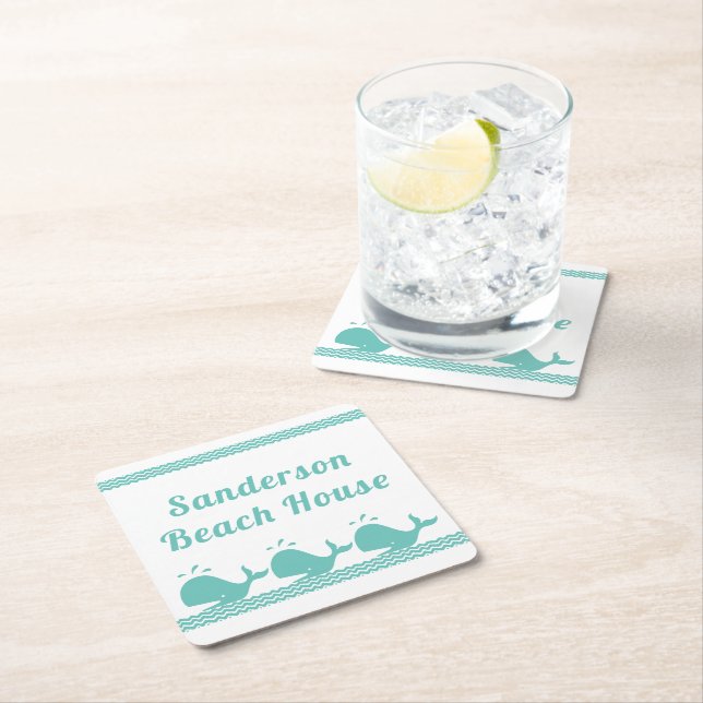 Dessous-de-verre Carré En Papier Artic Teal Blue Whale & waves Blue & White coastal (En situation)