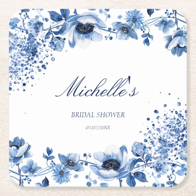 Dessous-de-verre Carré En Papier Asiatique Chinoiserie Bleu clair Floral Bridgerton (Devant)